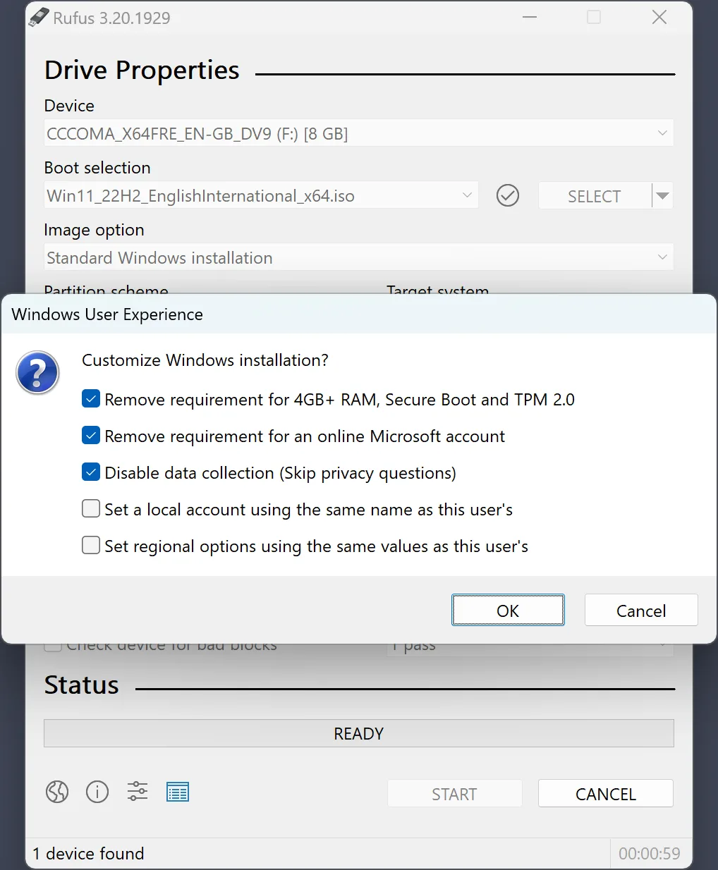 Rufus 3.20 Windows User Experience dialog asking Customize Windows installation, with five setup options.