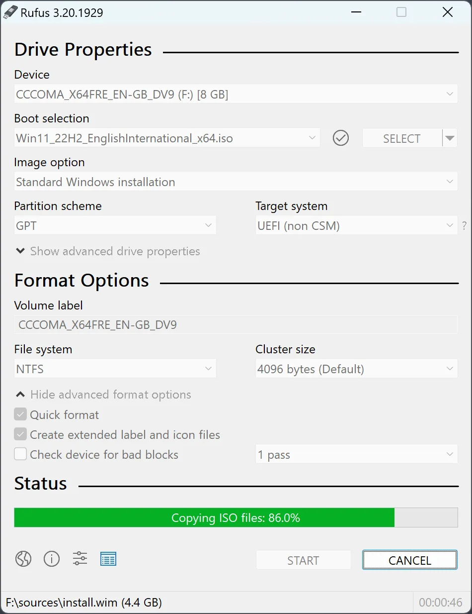 Rufus 3.20 main window writing a Windows 11 ISO to an 8 GB USB drive with GPT, UEFI (non CSM) and NTFS selected.