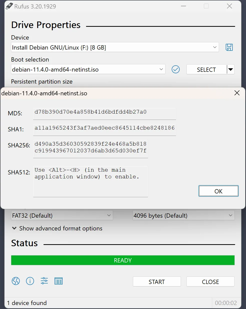 Rufus 3.20 checksum dialog for a Debian ISO showing MD5, SHA1 and SHA256 values, with SHA512 waiting for Alt+H.