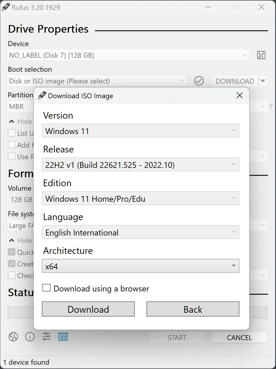 Rufus 3.20 Download ISO Image dialog with Windows 11 version, release, edition, language and architecture menus.